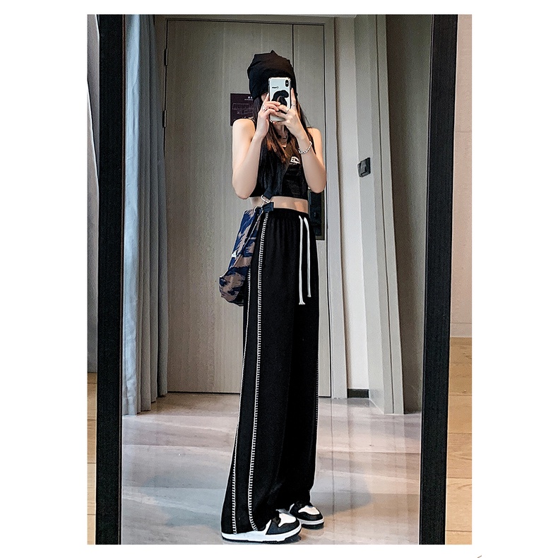 Quần dài ZHELIHANGFEI ống rộng lưng cao phối nơ phong cách Hàn Quốc