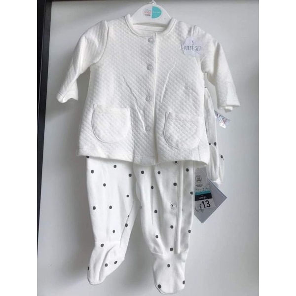 Sét 5 chi tiết gồm body dài tay, áo khoác, yếm, nón, khăn quấn bé xuất xịn