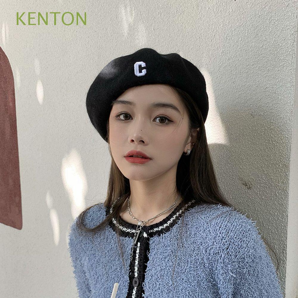 Mũ nồi vải len màu đen in chữ C phong cách retro Hàn Quốc thanh lịch cho nữ
