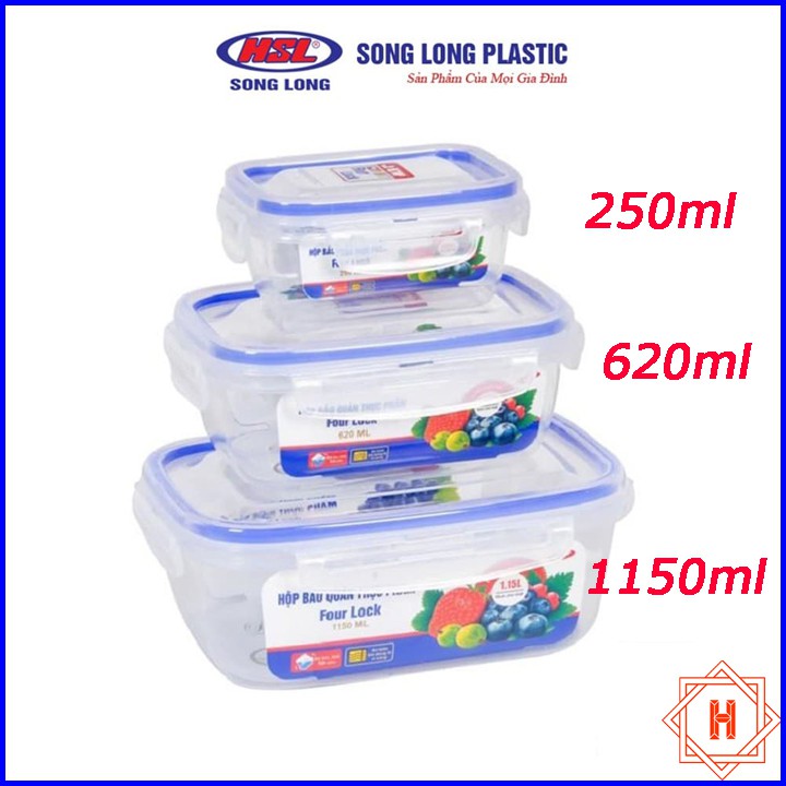 Song Long Plastic Bộ 3 hộp 4 khóa 2508 đựng bảo quản thực phẩm 1150ml, 620ml, 250ml nhựa cao cấp