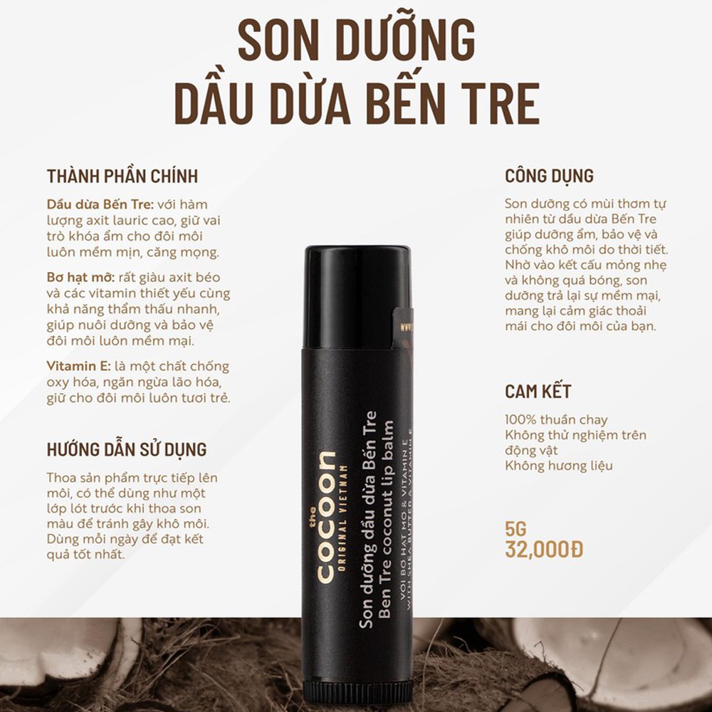 Son Dưỡng Dầu Dừa Bến Tre Cocoon 5g - Vegan Society - Mỹ phẩm thuần chay Việt Nam
