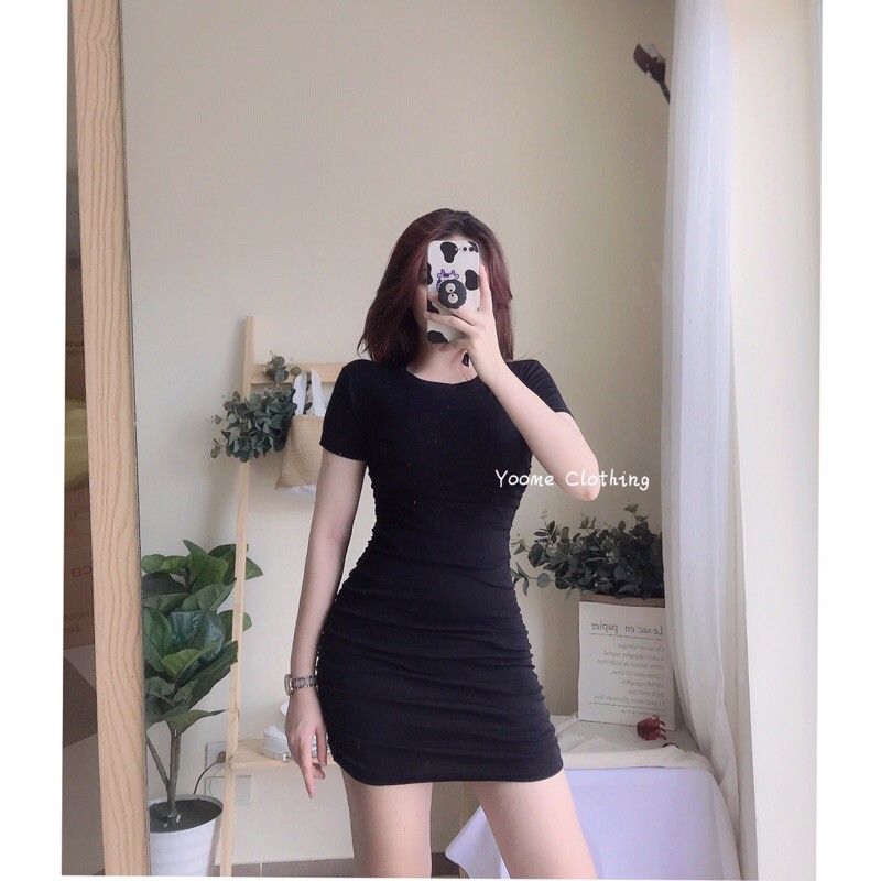 [Mã SKAMSALEP6 giảm 10% tối đa 100K đơn 150K] Váy Body cổ tròn nhún hông TAY CỘC [ ẢNH THẬT SHOP CHỤP ] | BigBuy360 - bigbuy360.vn