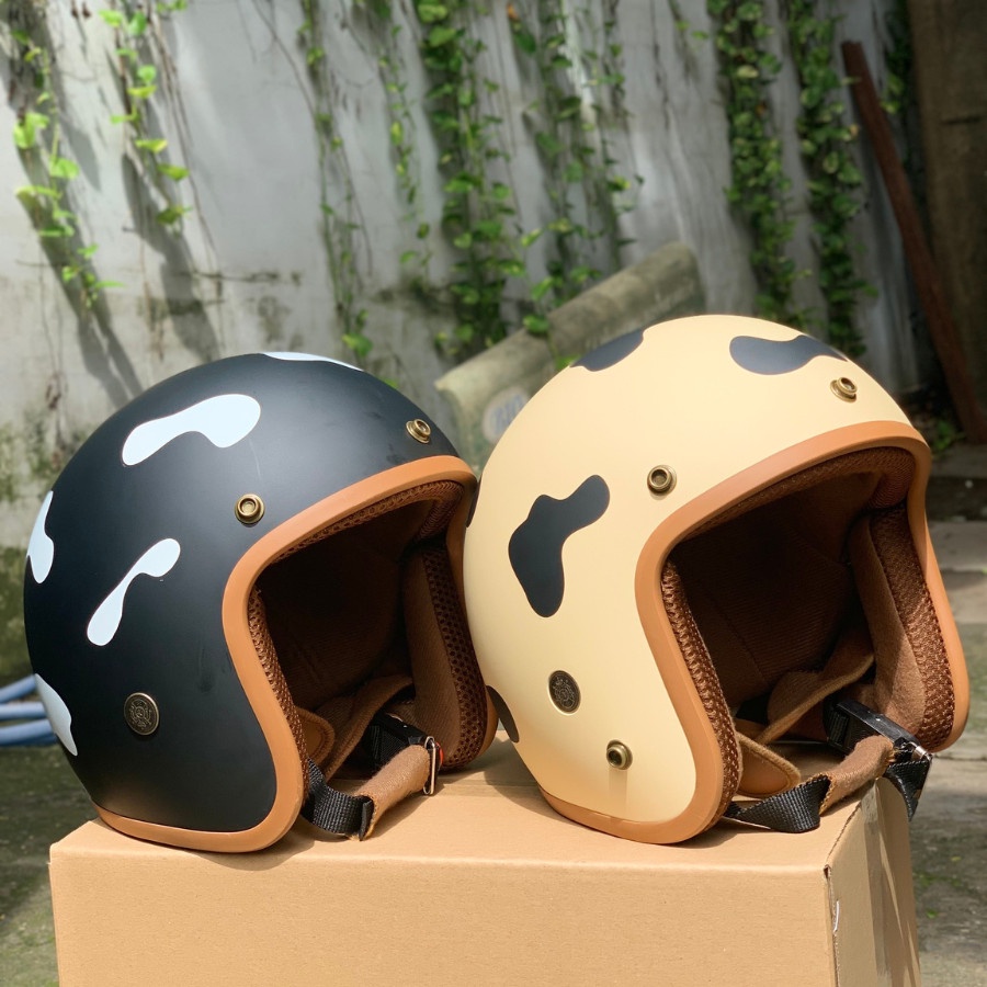Mũ Bảo hiểm 3/4 srt classic tem Bò Sữa - lót nâu cao cấp
