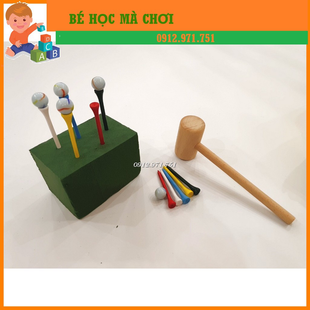 Đồ chơi búa gỗ và đinh gỗ, bi ve cho bé luyện tay Montessori