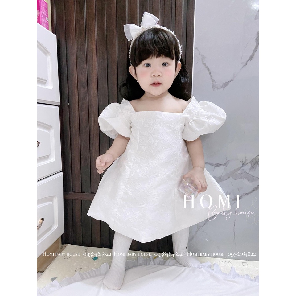 Váy công chúa cho bé gái HOMI BABY HOUSE đầm công chúa gấm 7 mảnh màu trắng/hồng cho bé dự tiệc dạo phố