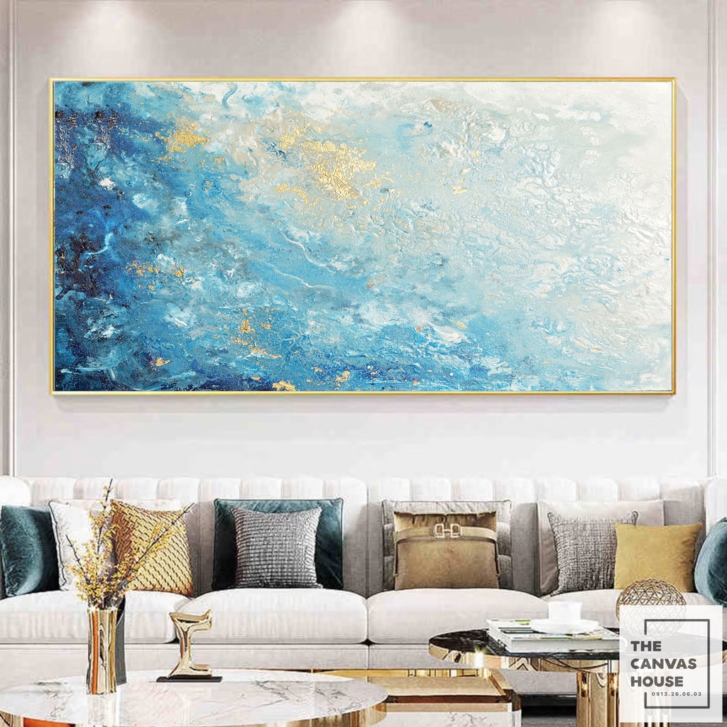 Tranh in Canvas Trừu Tượng Biển Xanh (Hình thật tại xưởng - Đã có khung, móc, đinh treo) - The Canvas House