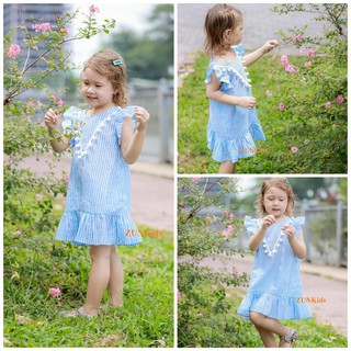 Váy sọc xanh phối ren cổ -ZUNKids