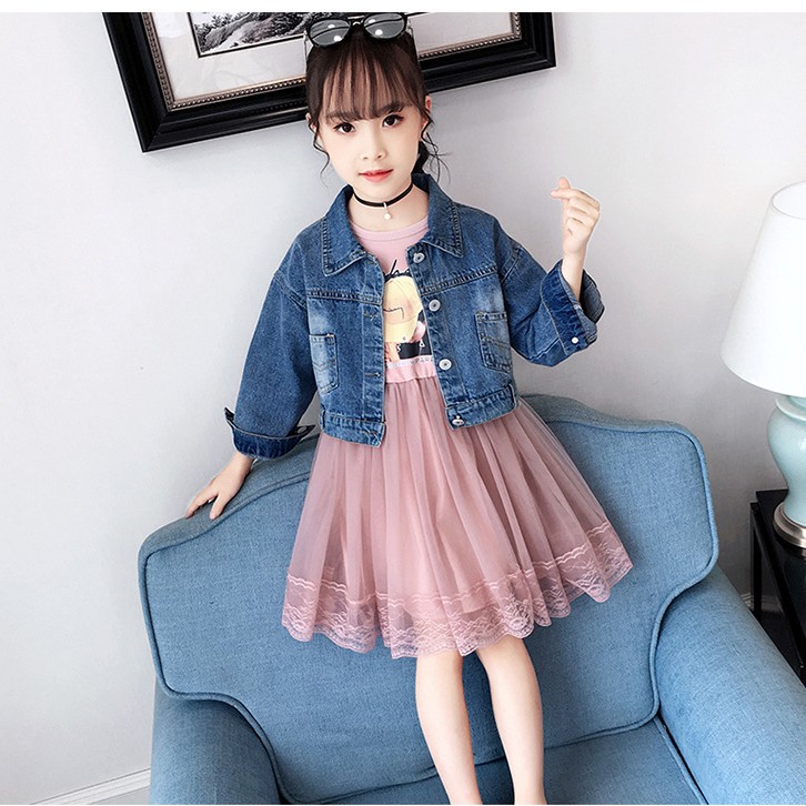 Set váy thu đông bé gái kèm áo khoác bò họa tiết hình cô gái siêu xinh size 15-36kg  [SV08]