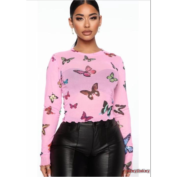 Áo Thun Tay Dài In Hình Bướm Nhiều Màu Thời Trang Cho Nữ