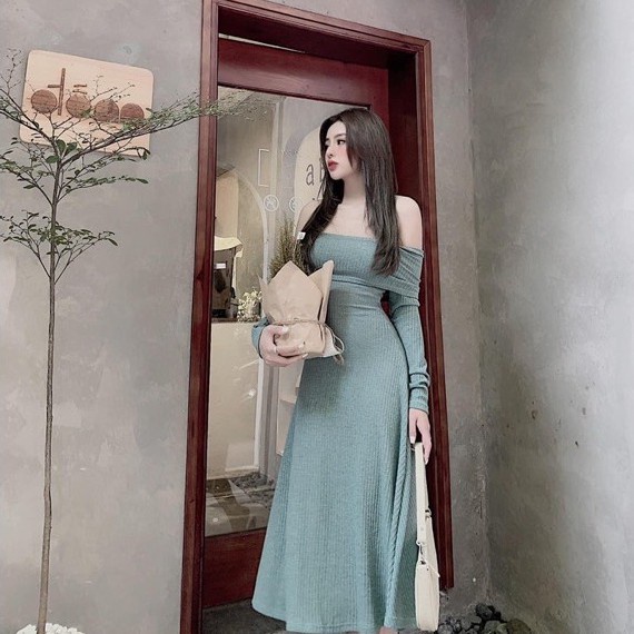 [MẪU MỚI] Đầm Trễ Vai Phom Dài Dáng Xòe Tay Dài Chất Thun Gân Thích Hợp Mặc Đi Tiệc Đi Làm Đi Chơi