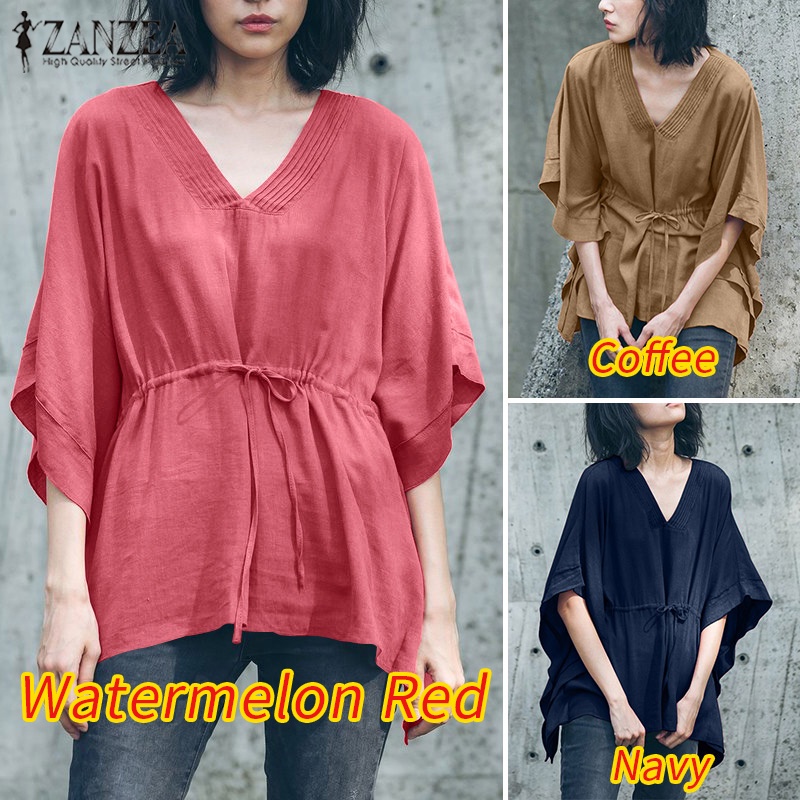 Áo kiểu ZANZEA tay ngắn cổ V màu trơn phối dây rút thời trang cho nữ