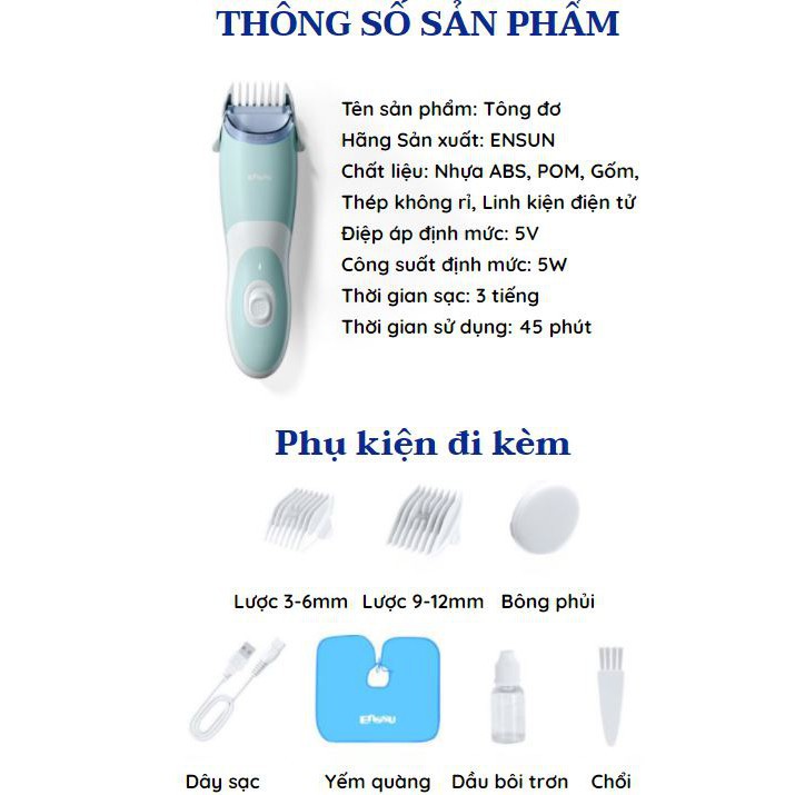 Tông Đơ ENSSUN Cắt Tóc Sạc Điện - Tự động hút tóc, chống nước dễ dàng vệ sinh - Tặng kèm dậu gội cho bé