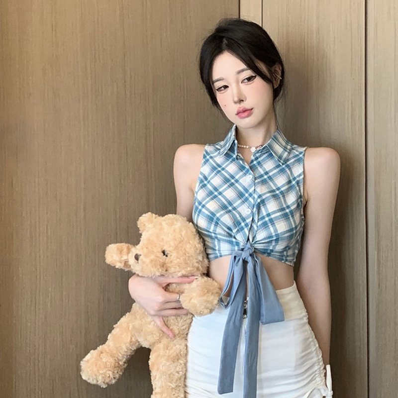 Áo sát nách ngắn IELGY họa tiết sọc caro phong cách retro thời trang cho nữ