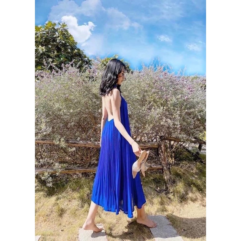 Đầm maxi xanh dập ly, Đầm xanh xoè yếm cột nơ dập ly cao cấp | BigBuy360 - bigbuy360.vn