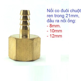 Nối co đuôi chuột ren trong 21 nối ống 8mm, 10mm, 12mm chất liệu đồng thau