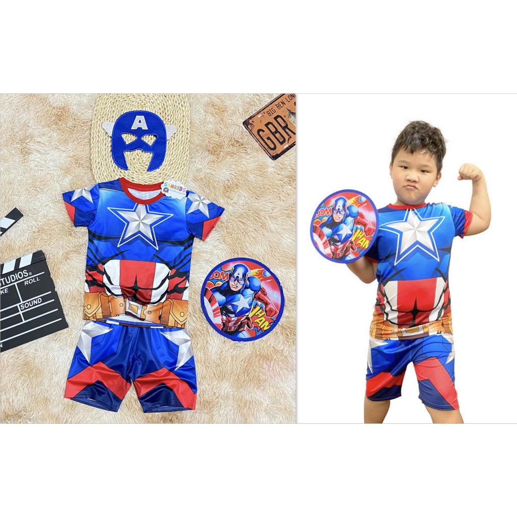 Bộ quần áo thời trang trẻ em đội trưởng Mỹ Captain America kèm tặng khiên và mặt nạ - Hàng SamKids