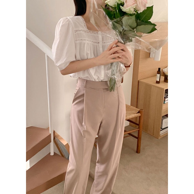 Áo Sơ Mi Trơn Ngắn Tay Phối Ren Xinh Xắn 48836