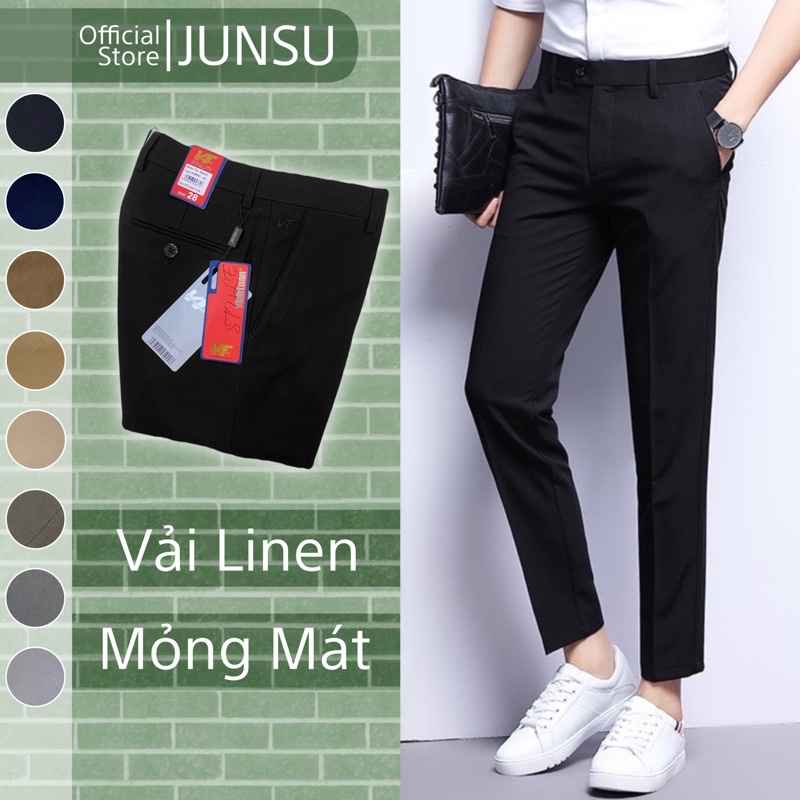Quần tây nam dáng SlimFit ống côn Vĩnh Tuấn vải Linen hàn mỏng mát thấm hút cao cấp thương hiệu JUNSU