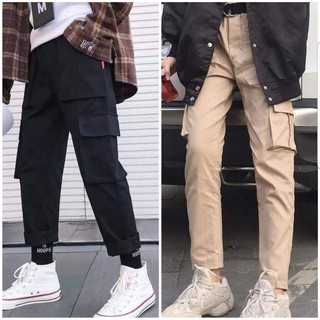 Quần kaki nam nữ túi hộp box pants unisex - kiểu quần baggy kaki thun co dãn đen và tan be tomstore