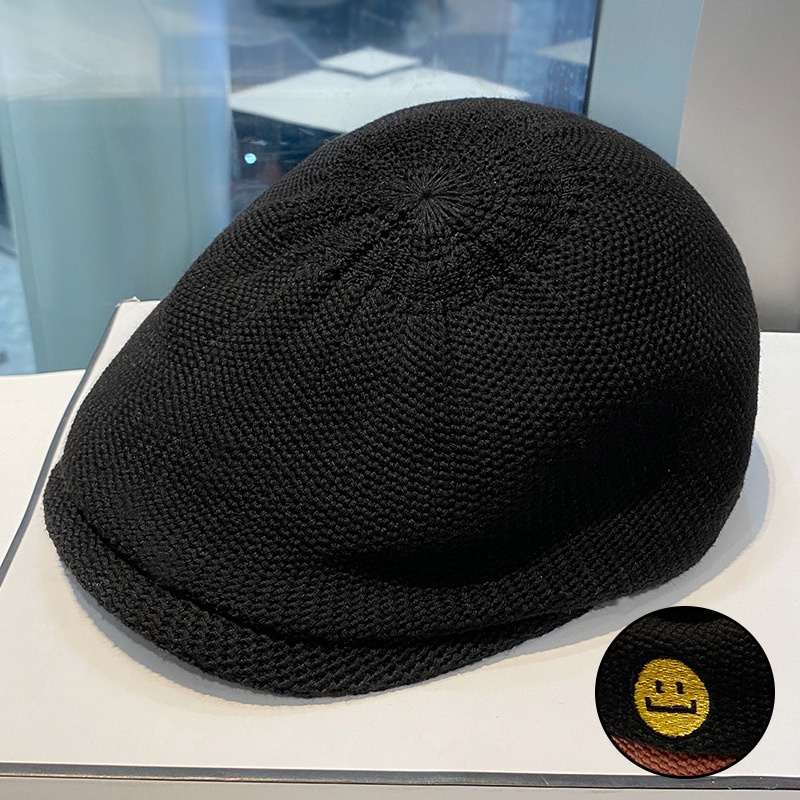 Mũ nồi thoáng khí thêu hình mặt cười thời trang Hàn Quốc cho nữ