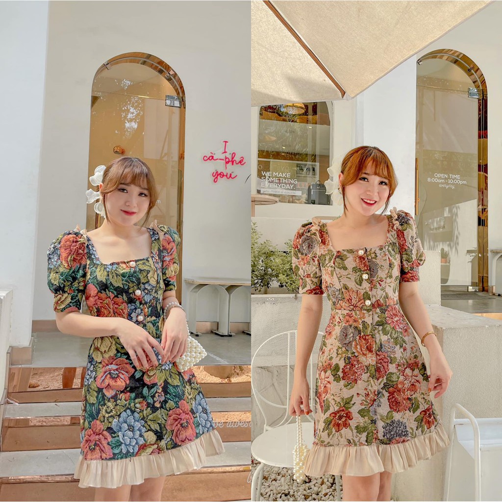[Mã WASTMAY giảm 15% tối đa 30K đơn 150K] Đầm dáng xòe gấm hoa cao cấp phối nút - Flora Dress | BigBuy360 - bigbuy360.vn