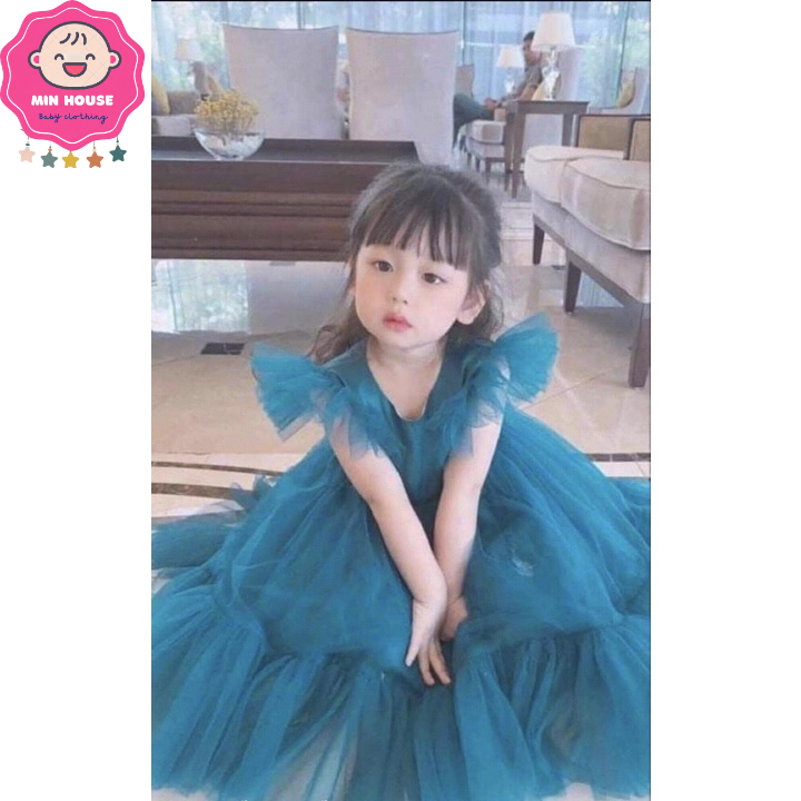 Đầm váy xoè tầng công chúa tiểu thư 👸🏼 hàng THIẾT KẾ dự tiệc xanh tay cánh tiên cho bé gái