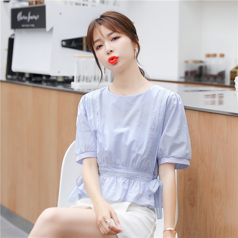 Áo Kiểu Tay Phồng Ngắn Thắt Nơ Eo Phong Cách Hàn Quốc Xinh Xắn Cho Nữ