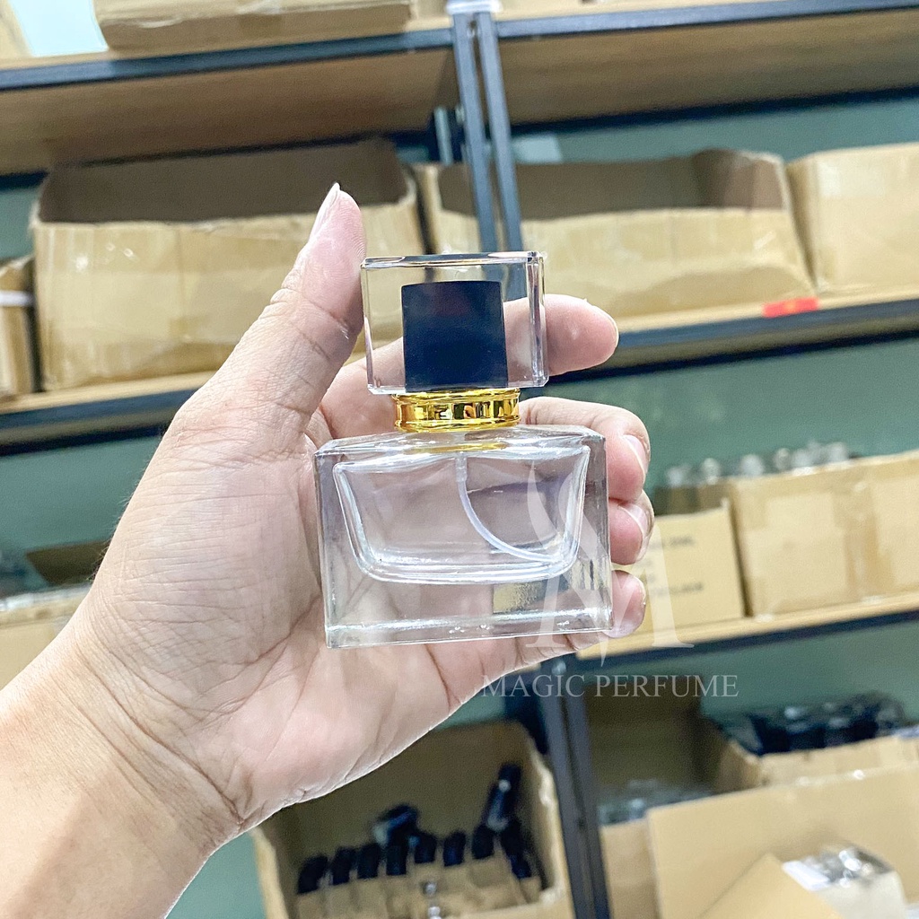 Chai đựng nước hoa cao cấp 30ml vuông ngắn nắp nắp màu pha lê trong suốt