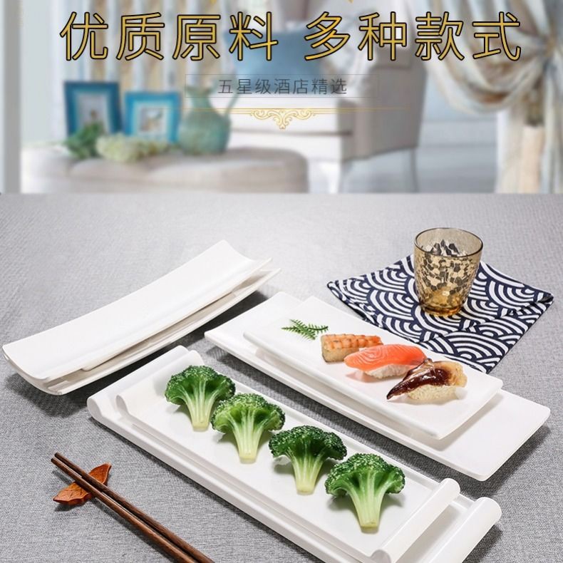 Đĩa nhựa melamine màu trắng hình chữ nhật phẳng giả sứ đựng thịt nướng BBQ cho nhà hàng