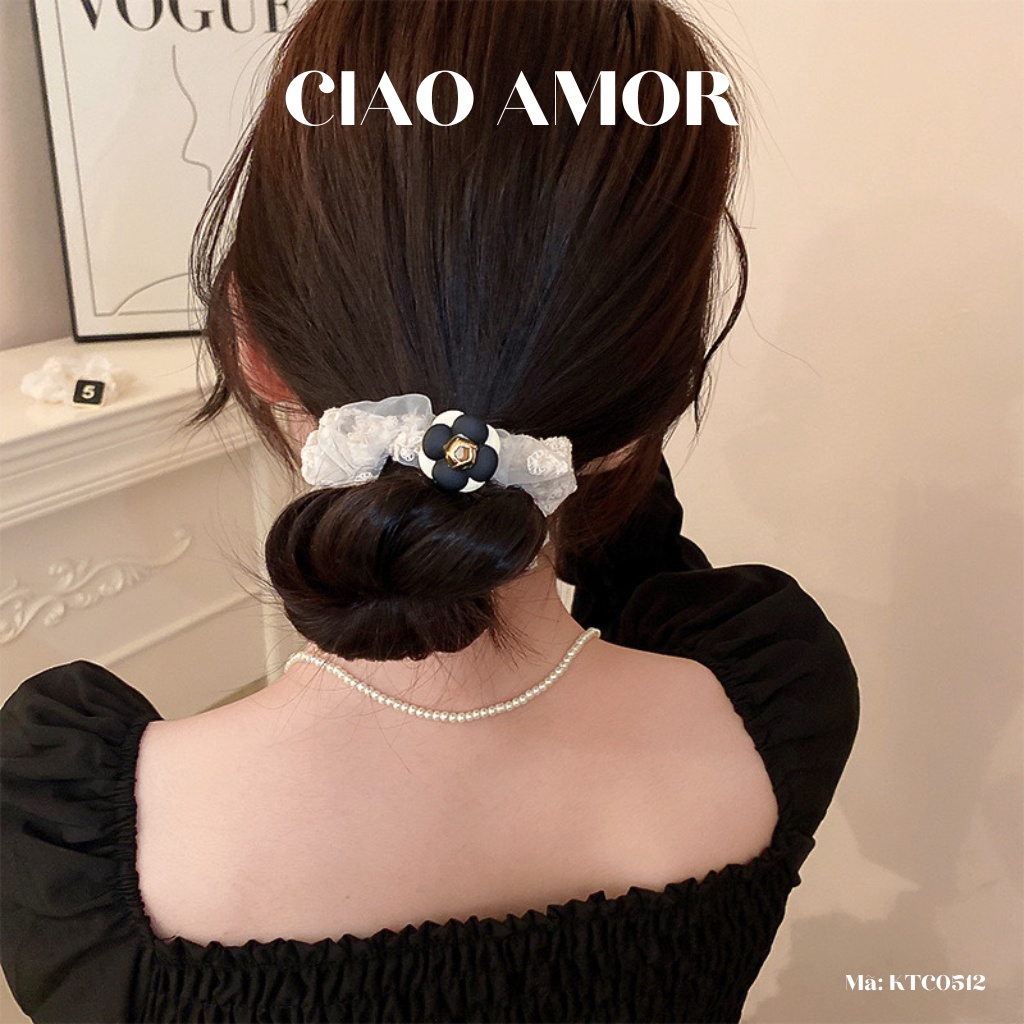 Cột tóc nữ, Chun tóc dây hạt vải đen hoa trắng sữa Trang sức Ciao Amor - KTC0512