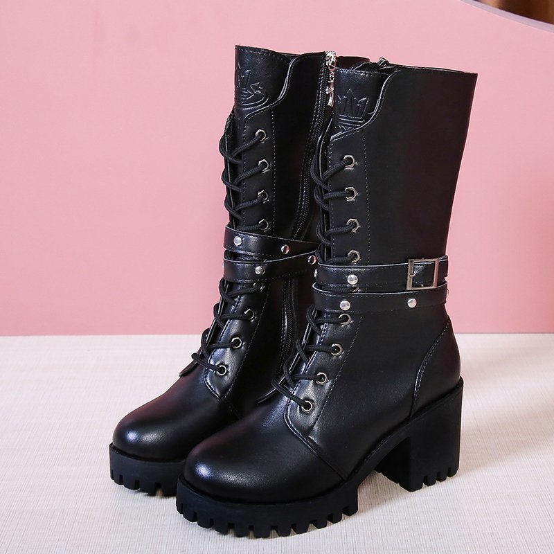 Giày bốt cao gót thời trang nữ đi xe máy màu đen ngầu có dây kéo tiện dụng
