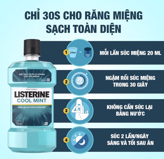 Nước súc miệng diệt khuẩn giữ hơi thở thơm mát Listerine Cool Mint 750ml/chai