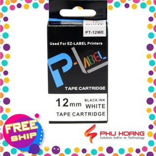 Nhãn in Casio PT-12WE, chữ đen nền trắng, khổ rộng 12mm