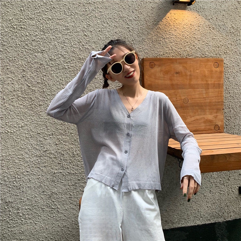 Áo khoác cardigan thun len mỏng sexy tay dài 4 cúc