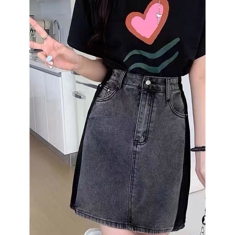 Chân váy jeans ngắn màu xám sọc cạnh dài 50cm siêu đẹp 4371 Moli Jeans