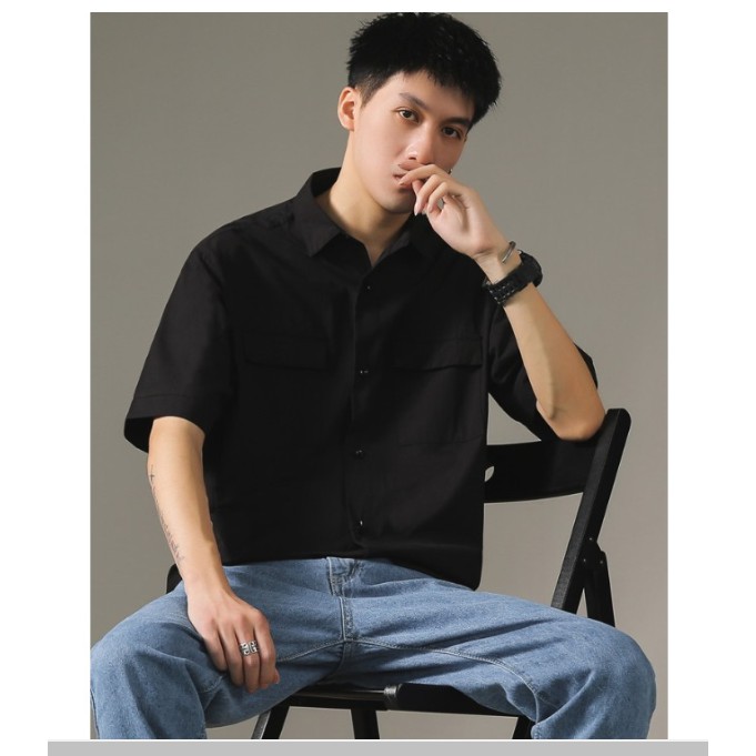 Áo sơ mi đen ngắn tay unisex nam nữ siêu hot- A6 | BigBuy360 - bigbuy360.vn