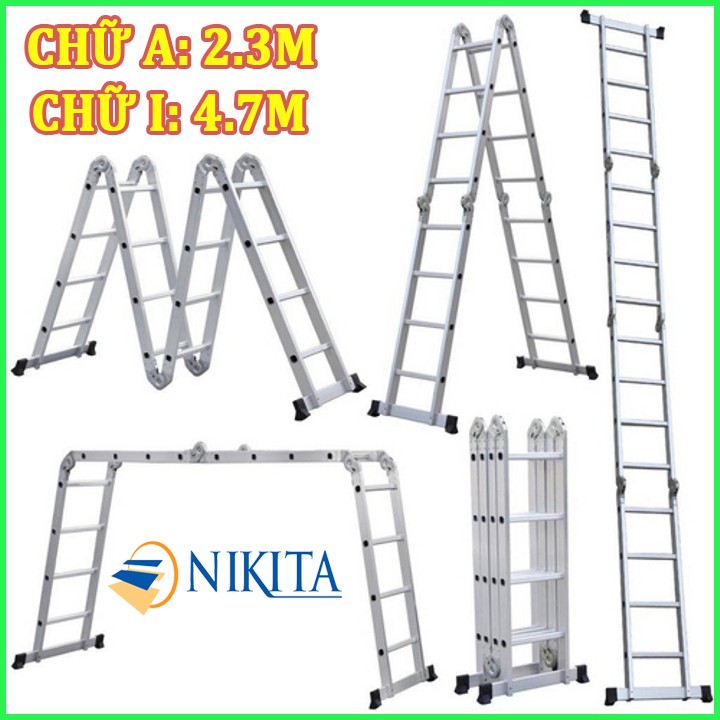 Thang nhôm gấp 4 đoạn 4 bậc  Nikita [chữ I: 4,7m; chữ A: 2.3m] GA47