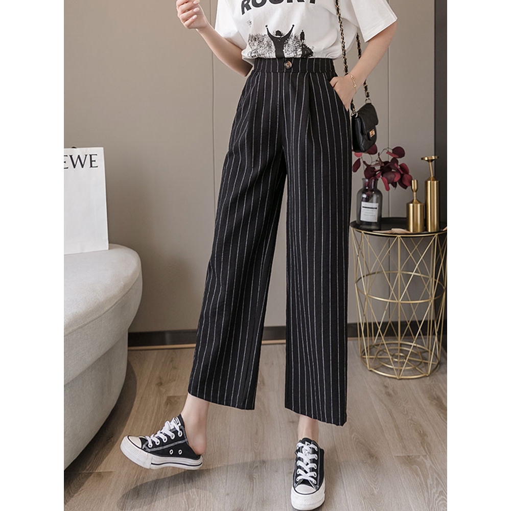 Quần dài vải cotton lanh mỏng form rộng dáng suông kẻ sọc dễ thương | BigBuy360 - bigbuy360.vn