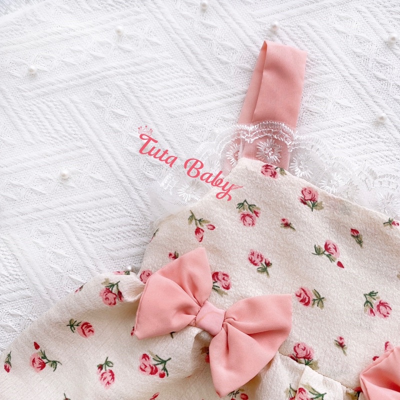 Jumsuit Cho Bé Gái Liền Thân Hoa Xốp Hoa 2 Dây, Nơ Hồng Cho Trẻ Em Tuổi Kèm Turban FREESHIP