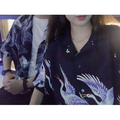 Sẵn - Áo sơ mi ngắn tay họa tiết hạc xanh có ảnh thật | BigBuy360 - bigbuy360.vn