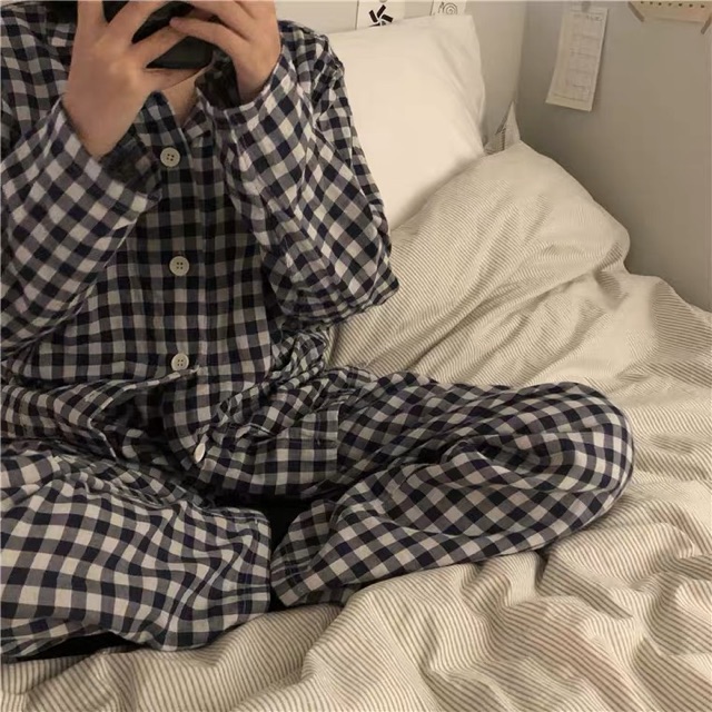 [Order taobao] Set pijama dài quần, áo dài kẻ caro ullzang Hàn Quốc