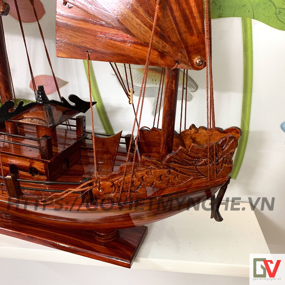 Mô hình thuyền gỗ trang trí thuận buồm xuôi gió - Mô hình Tàu gỗ Hạ Long Rồng cổ - Dài 40cm - Gỗ Tràm Tự Nhiên