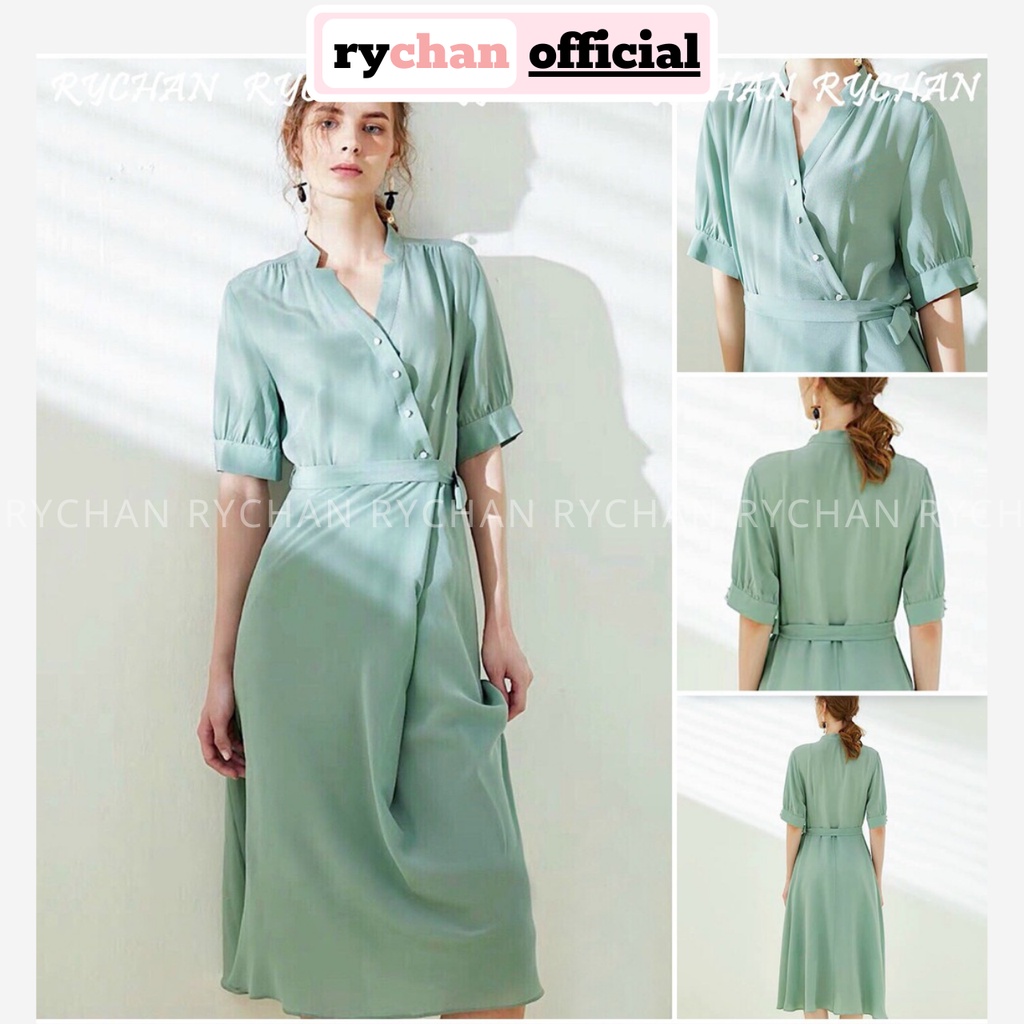 Đầm Xòe Midi Xanh Mint Nút Lệch Cổ Trụ Buộc Eo - DX518