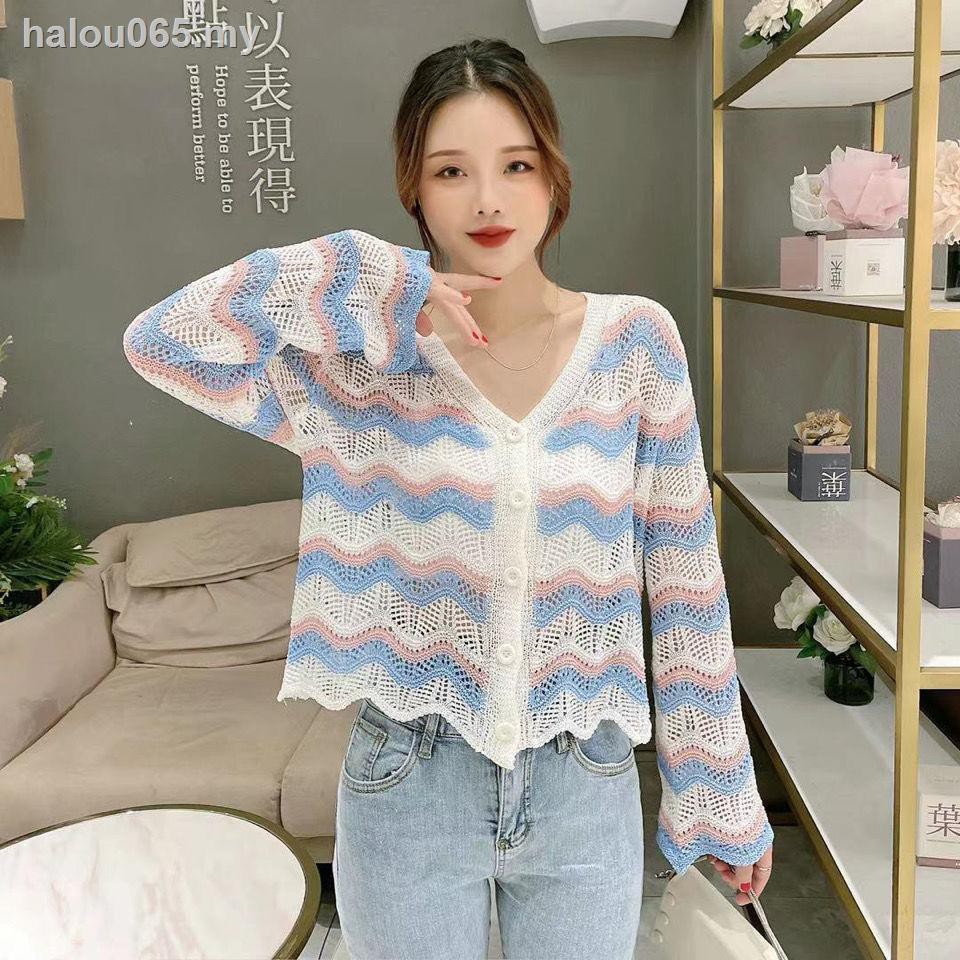 Áo Khoác Cardigan Dệt Kim Lụa Lạnh Mỏng Họa Tiết Kẻ Sọc Thời Trang Mùa Hè Mới Cho Nữ 2021