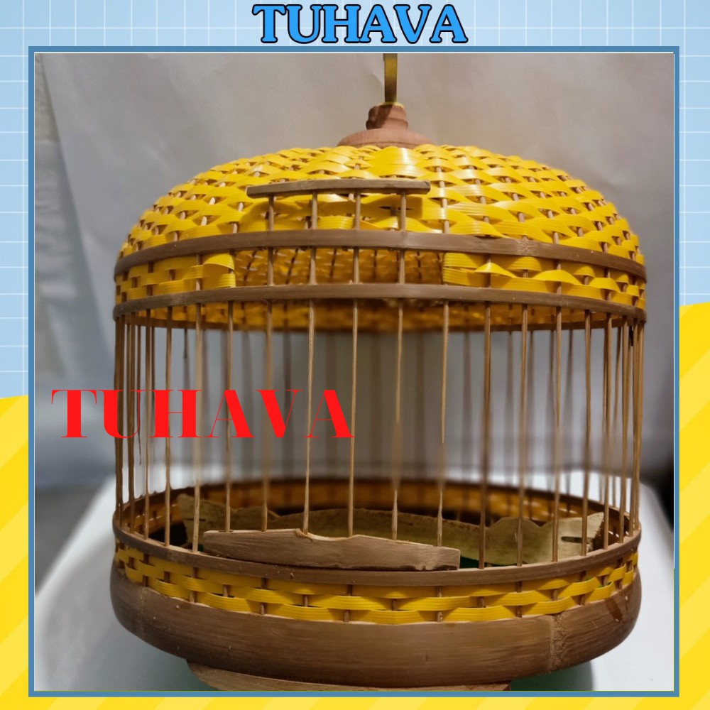 Lồng nuôi chim cu gáy - TUHAVA Lồng cu gáy tròn nóc mây đan cầu gỗ khay nhựa