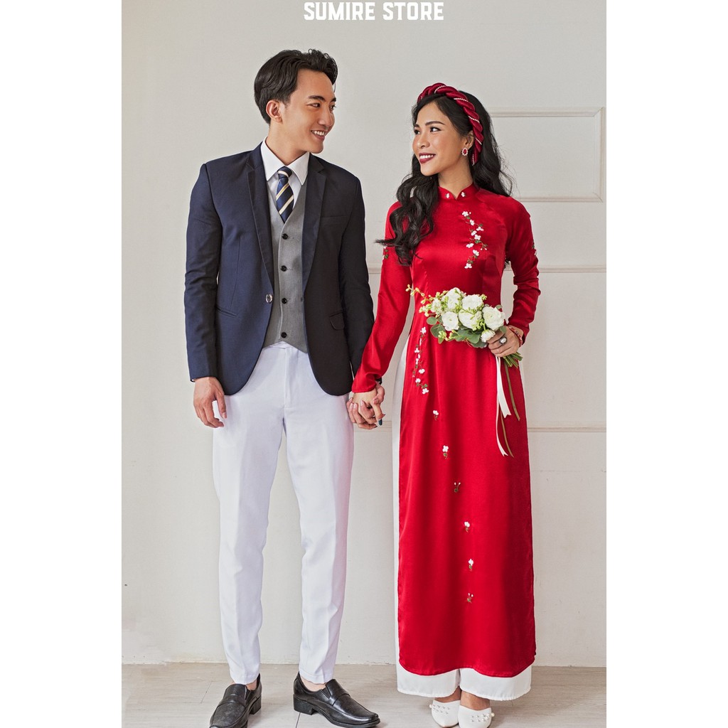 Sumire Store Áo dài Truyền thống Thêu tay Hương Lài Đỏ