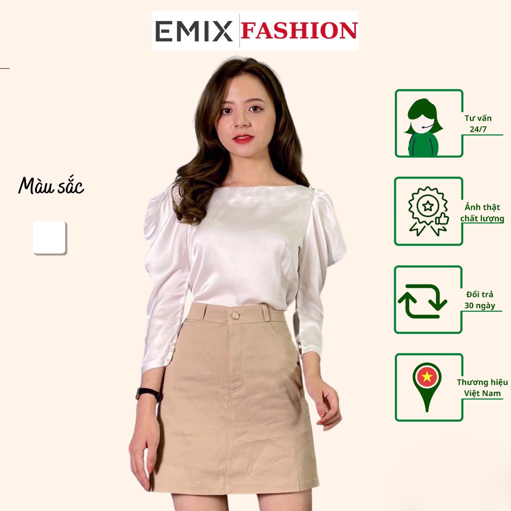 Áo sơ mi công sở tay bồng EMIX ̣màu trắng, dáng dài, cổ tròn, bồng, vải lụa, mềm mịn, không lộ