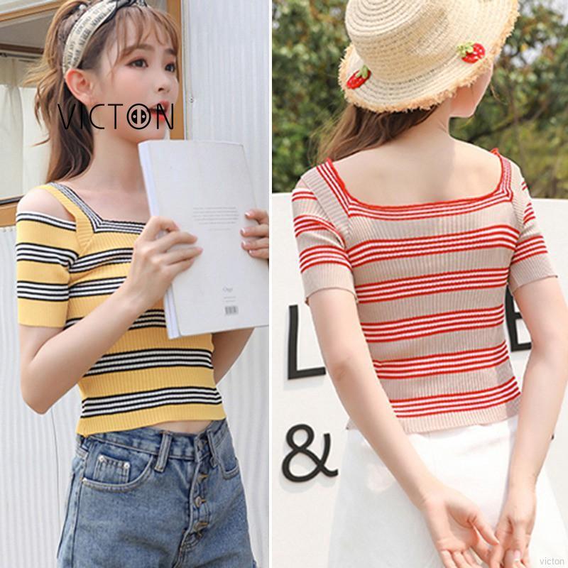 Áo thun len kẻ sọc trễ vai