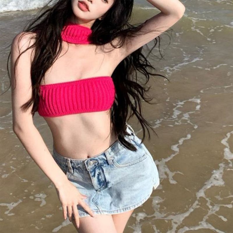 Brroa Áo Croptop Dệt Kim Hở Vai Có Gân Khoét Rỗng Gợi Cảm Đi Biển Cho Nữ