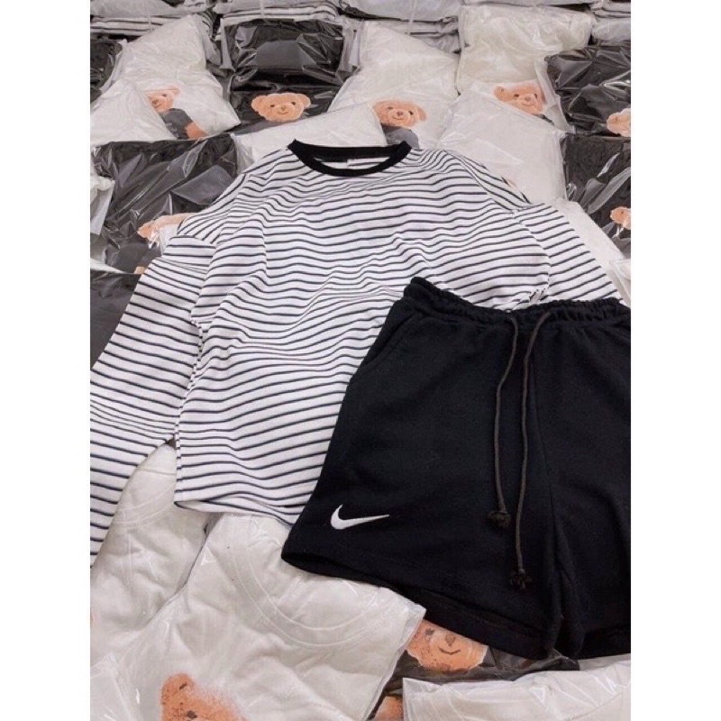 SÉT ÁO KẺ THỤNG DÀI TAY MIX MIX QUẦN ĐÙI THÊU CỰC XINH(kèm video ảnh thật)